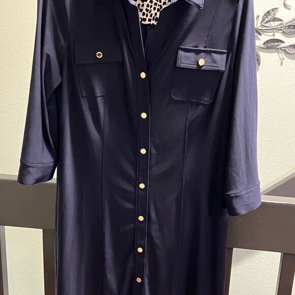 White House Black Market Navy Shirt Dress with Leopard Print Lining Size 10 #058 - Picture 8 of 8